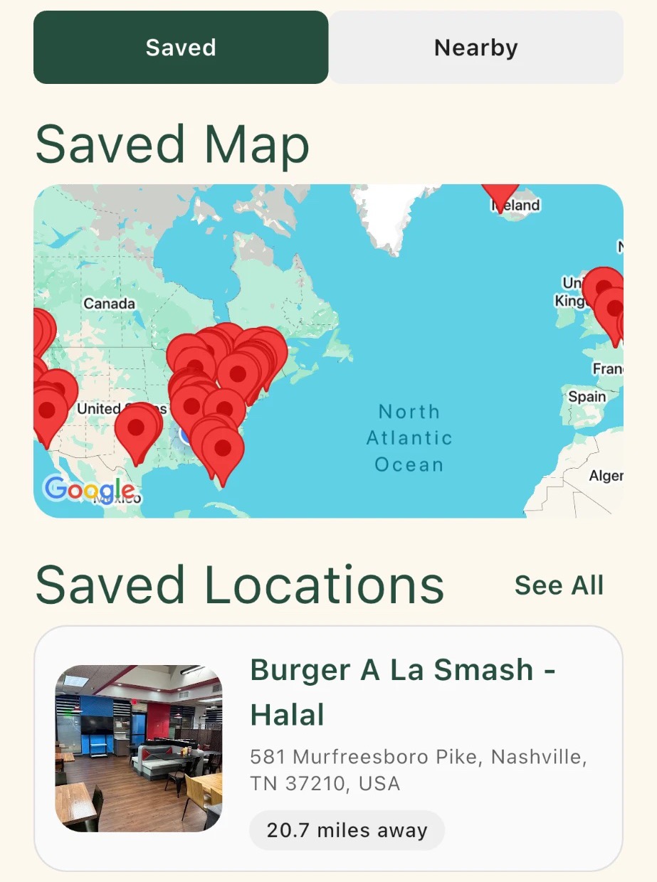 Juxtah home screen showing a map of saved places and a list of saved locations